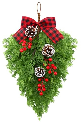 Knitgrip 20 Inch Christmas Cedar Teardrop Swags Hanging Ornament Decor Artificial Pine Needles Greenery Teardrop Wreath with Bow Red Berries Pine Cones for Mantle Fireplace Staircase Xmas Front Door