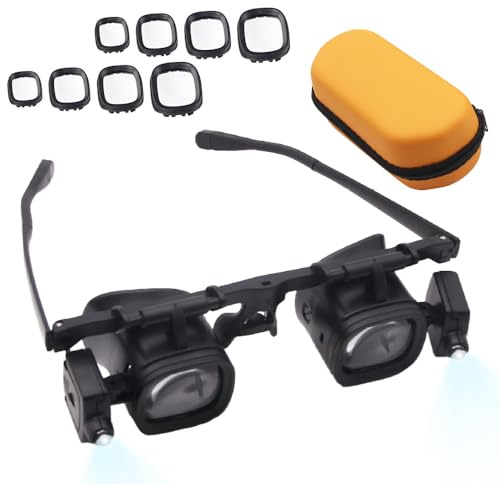 KBIBCK Gafas de lupa con luz, lupa con cabeza, lupa con lentes intercambiables LED, 2,0 x 4,0 x 6,0 x 10,0 x 22,0 X, para lectura, artesanía, joyeros, electricistas, costura (naranja)