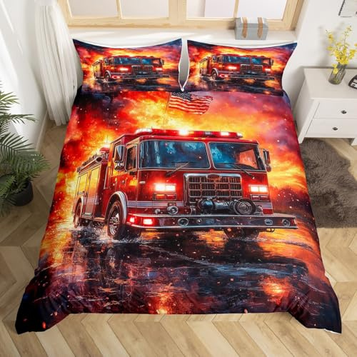 Homemissing Feuerwehr Bettwäsche Set 135x200cm Kinder Feuerwehr Auto Fahrzeug Betten für Kinder Jungen Mädchen Feuerwehr Bettbezug Feuerwehr Bettwäsche-Set Betten