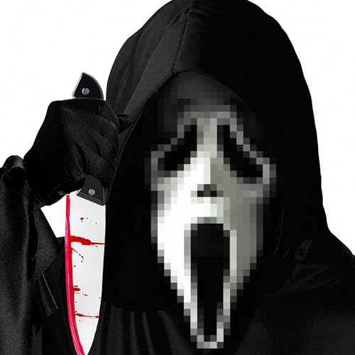 JOYTIX®Máscara de Ghostface Scream con Capucha y Cuchillo Sangriento - Disfraz de Terror Halloween de EV con Guantes Elásticos para Adultos - Accesorio para Noches de Horror