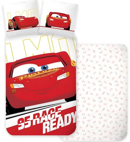 BrandMac McQueen Cars - Juego de ropa de cama tamaño cuna, funda de edredón de 100 x 140 cm y funda de almohada de 40 x 45 cm, 100% algodón, juego de ropa de cama reversible Flash McQueen para niños y