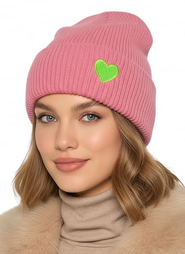 Baesics Wintermütze Pink mit Herz Damen Herren Unisex, weiche kuschelige Strickmütze Beanie, elastisch und warm, One Size für Herbst und Winter, Alltag und Outdoor, Geschenk Frauen Männer