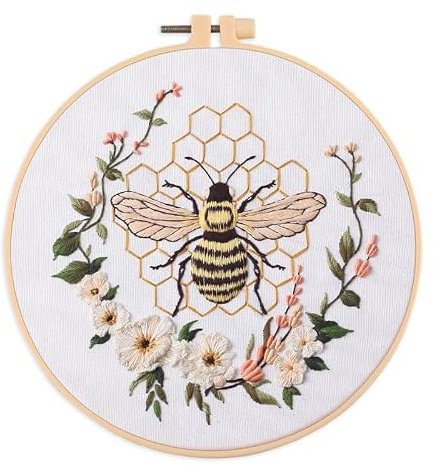 Amiiba Stickerei-Starter-Set mit Blumenkranz, Bienenmuster, DIY Vollsortiment, geprägte Stickerei-Kreuzstich-Sets für Anfänger und Erwachsene (Blumenkranz)