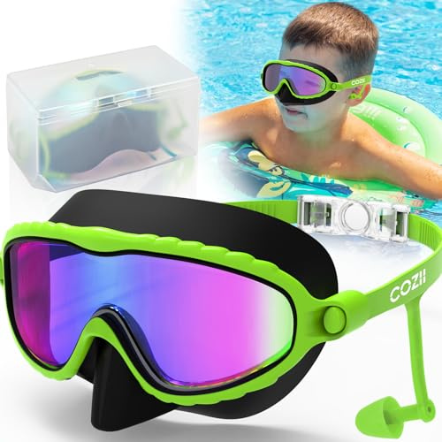 COZII Taucherbrille Kinder, Schwimmbrille Kinder für Jungen Mädchen mit Nasenschutz Ohrstöpsel, 180° Panorama Anti-Leck Anti-Beschlag Anti-UV, Schnorchelmaske Kinder für 4-14 Jahre (Grüner)