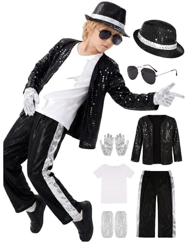 Disfraz Rey del P-o-p para Niño Chaqueta y Pantalón Lentejosos Estilo Años 80-90Conjunto Chaqueta a Rayas y Pantalón Dorado Lentejoso Accesorios Completos Infantiles para Cumpleaños Halloween Carnaval