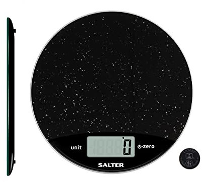 Salter 1009 BKDR Digital Kitchen Scale – Round Marble Food Weighing Scales, Tare Function, Weigh Liquids/Fluids, Easy Read LCD Display, Metric/Imperial, Electronic, Baking/Cooking, 8kg Capacity, Black