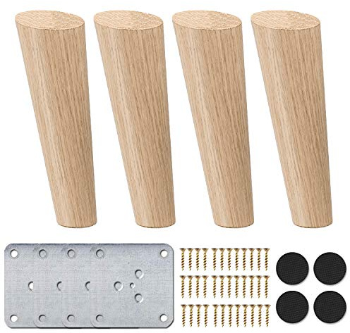 La Vane Massivholz Möbelfüße 20cm Schräg konisch mit Montageplatten 4 Stück | Naturfarbe mit matter Klarlack, 200+kg Belastbarkeit, inkl Pads & Hardware, Einfache DIY Montage für Sofa/Bett/Schrank/Tisch