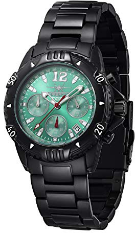 FIREFOX Armband- Herrenuhr AIRFIGHTER Chronograph analog Quarz Edelstahl SCHWARZ Zifferblatt Sunray türkis 10 ATM wasserdicht FFS02-115c