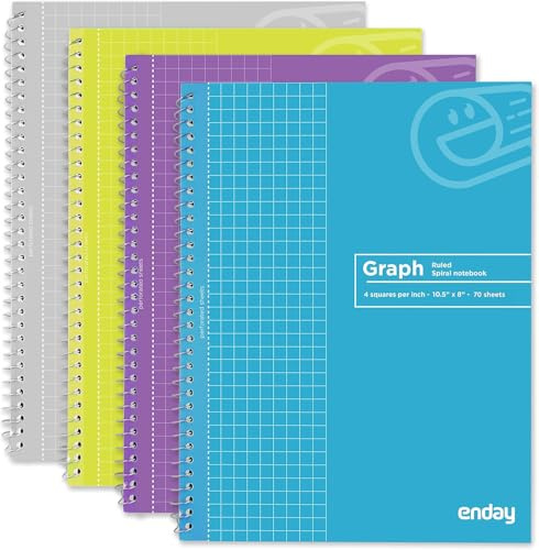 Emraw Graph Paper Notebook (4 Pack) Grid Notebook, Graph paper spiral notebook, Graph notebook, 4 Squares per inch Grid paper notebook, White Paper Quad Ruled Spiral Assorted Colors - by Enday