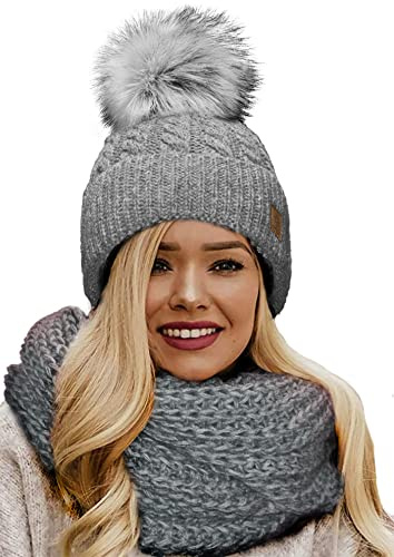 4sold Dam vinter ribbad handgjord stickad mössa & halsduk mohair ull mössa med tjock fuskpäls tofs pom pom inuti mysig fleecefoder, Set halsduk & hatt Carla grå, en storlek
