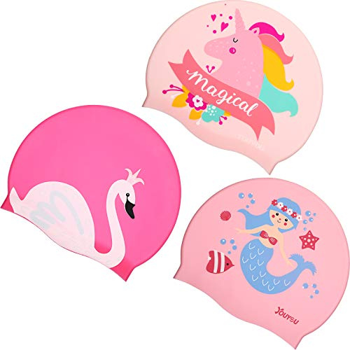 Syhood 3 Pcs Kids Swim Caps Baby Waterproof Bathing Caps Children Cartoon Swimming Hat for Long Short Hair Kids Boys Girls (Mixed Color,Unicorn, Swan, Mermaid)