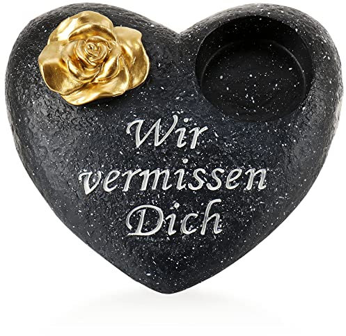 COM-FOUR® Decorazione funebre a forma di cuore con rosa dorata, pietra commemorativa con supporto per candela funeraria, pietra di lutto con detto commemorativo (1 pezzo - cuore rosa dorato)