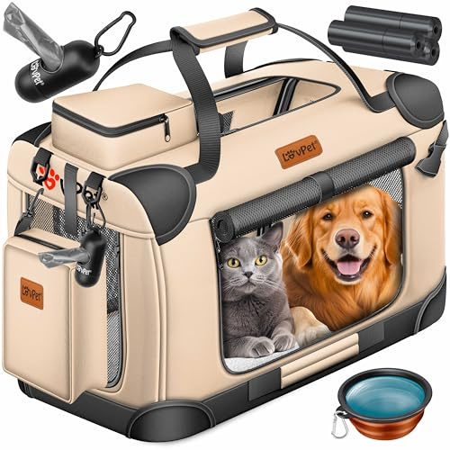 LOVPET® Transportbox Hund Katze Transporttasche XXXL 102x70x70cm | Hunde-Tragetasche Faltbare Katzentasche | Haustier-Transportbox inkl. Hundenapf & Schultergurt | für Katzen & Hunde Beige