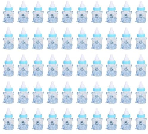 50 Stück Feeder Style Süßigkeiten Flasche für Baby Shower, Mini Party Favors Fillable Candy Gift Box für Boy Girl Newborn Infant Baptist Taufe Geburtstagsparty Dekoration(Blau)