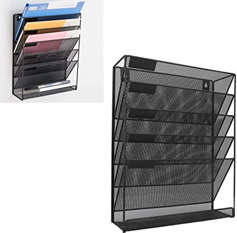 Zeitschriftenhalter Wand Hängende Datei Mesh Organizer 5 Tiers Vertikale Gewölbte Tasche Design Magazin Rack Platzsparend mit kleinen Tab Panel Regal für Büro Schule Oder zu Hause (Black Line Style)