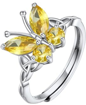 SILVERCUTE 925 Sterling Silver Butterfly Ring for Women Teen Girls, Cubic Zirconia Birthstone Adjustable Ring Jewellery, Come with Gift Box