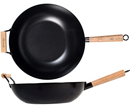 H&H Alessandro Borghese 'Il Lusso della semplicità' Padella Wok Wasabi in Acciaio al Carbonio con Rivestimento Antiaderente, Manico in Legno, 32cm