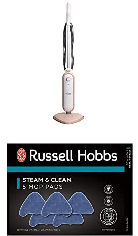 Russell Hobbs Steam & Clean Upright Steam Mop in Blush Pink, 1.4kW 380ml Water Tank, 8m Cord RHSM1001BP-G + Replacement Steam Mop Pads for RHSM1001-G Steam & Clean Mop, Pack of 5, RHPAD1001-G