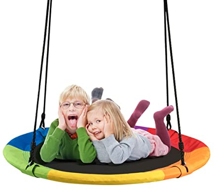 KOMFOTTEU Balançoire Nid d'Oiseau, réglable en Hauteur (100-180 cm), Balançoire d’Extérieur pour Enfant, Charge de 150 kg, Balançoire Suspendue Ronde, en Tissu Oxford, Diamètre de 100 cm (Multicolore)