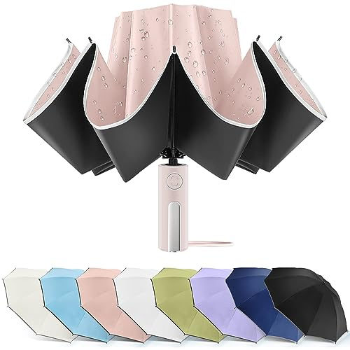 Bodyguard Large Windproof Inverted Umbrellas for Rain & Sun - Travel Folding Compact UPF 50+ Automatic Umbrella with Reflective Stripe, UV Protection For Walking, Pink-46IN