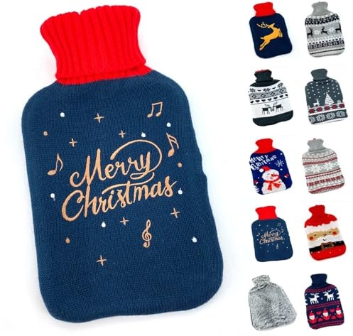 heimtexland ® Wärmflasche mit Soft Strick Bezug waschbar Motiv Geschenk Weihnachten Fell Norweger Wärmkissen Wärmeflasche 1,6 ltr Typ857 Merry Christmas