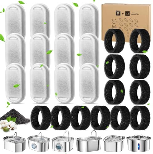 JAMATA Filtros para Fuente de Gatos 12+12 Piezas - 12 de Carbón Activado + 12 Esponjas, Sistema de Triple Filtración, Compatible con Fuentes de 3,2L y 2L, Ideal para Agua Limpia para Mascotas