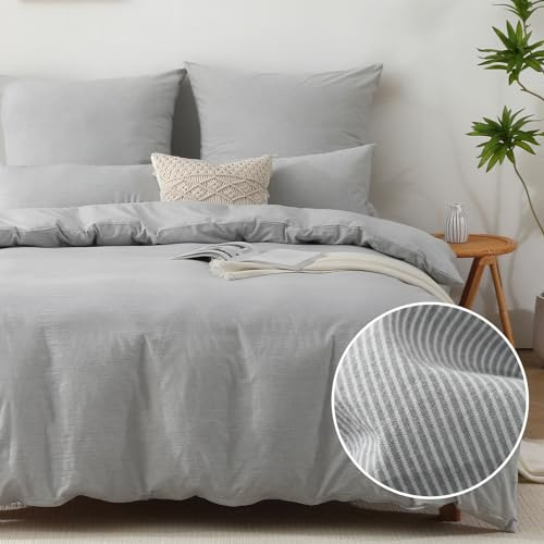 SOULFUL Bettwäsche 200x200 Baumwolle Gestreift Oeko-TEX Grau & Weiß | 100% Gewaschene Baumwolle Bettwäsche-Sets Atmungsaktiv Enthält 1 Bettbezug 200x200 und 2 Kissenbezüge 80x80