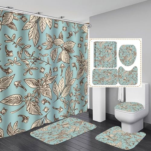 Bath Mat Duck Egg Blue Bathroom Mat 4-Piece Set Washable,1 Polyester Shower Curtains Mould Proof Resistant+1 Toilet Mat+U Bath Mat Set+1 Door Mat Non Slip(50x80)