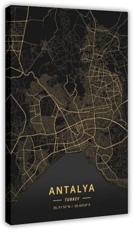 Antalya Türkei Stadtkarte Poster Leinwand Poster Schlafzimmer Dekor Sport Landschaft Büro Zimmer Dekor Geschenkrahmen 50 x 75 cm