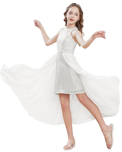 GRACE KARIN Mädchen Neckholder Glitzer Paillettenkleid Ärmellos A-Linien Blumenmädchenkleider für Hochzeits Süßes Festliches Kleid