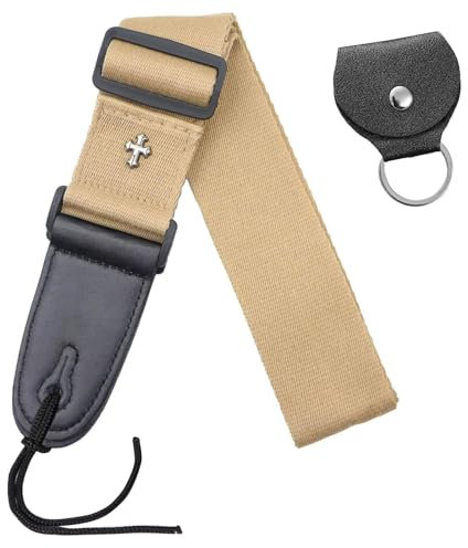 UEPOA Gitarrengurt Verstellbarer Gitarrengurt Akustikgitarre mit Leder Plektrum Halter 5 cm Kreuzigung Baumwolle Gitarrengurte mit Echtlederenden für Bass-, Elektro- und Akustikgitarren