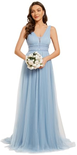 Ever-Pretty Abiti da Damigella d'Onore Donna Scollo A V Senza Schienale Abito da Sposa Lungo Blu Grigio Chiaro 36