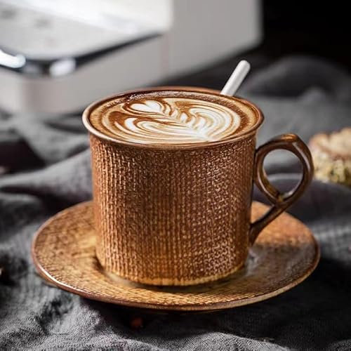Tazze creative personalizzate, tazze da caffè e piattini in ceramica grezza set da tè pomeridiano, tazze retrò in ceramica europea creativa della vecchia casa. (Color : Yellow, Size : 250ml)