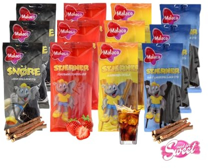 Malaco Stjerner Geschmacksexplosion - Probierset Erdbeere, Cola, Lakritz, Salzlakritz, 12er Pack