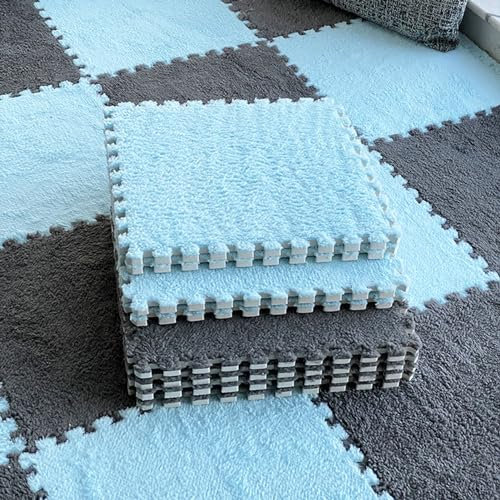 LULUMAIC 10 Stück weiche Puzzle-Schaum-Bodenmatte, quadratische ineinandergreifende Teppichfliesen, Plüsch-Spielmatte, Spielzimmer, Schlafzimmer, 30,5 und 61 cm (grau + hellblau, 30,5 x 30,5 x 0,6