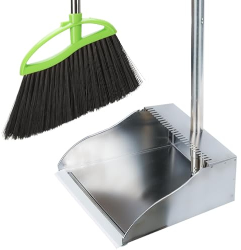 Metal Dustpan with Soft Bristles Indoor Broom, Green Angle Broom with Stand Up Dustpan for Hardwood Kitchen Floor Sweeping Indoor