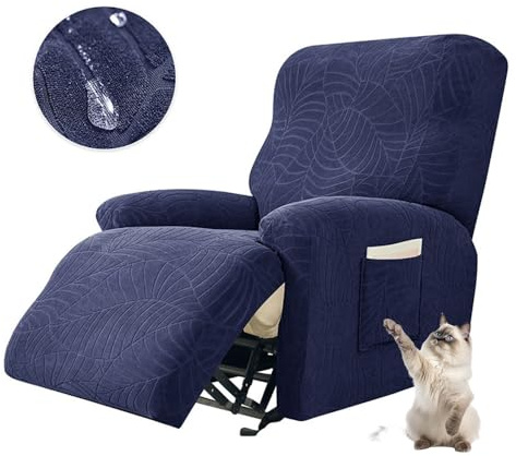 Chickwin Sesselschoner für Relaxsessel, Fernsehsessel Bezug mit Taschen Sesselschoner für Fernsehsessel Sesselschoner mit Armlehne, Wasserdicht Blatt-Jacquard (1 Sitz,Marineblau)