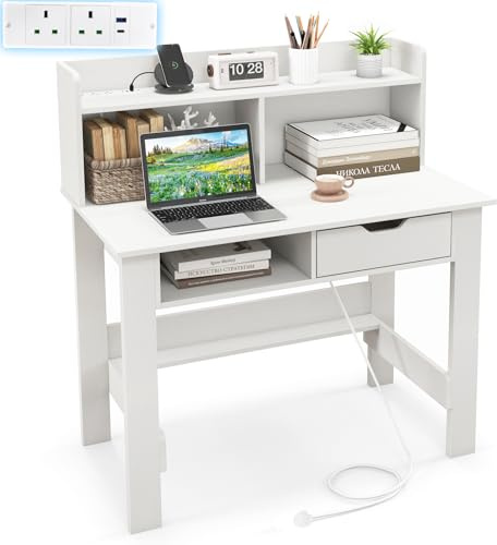 COSTWAY Computer Desk, Modern Writing Workstation PC Laptop Table with Hutch, Storage Shelf, Drawer, Power Outlets and USB Port & Type-C, Home Office Work Study Desk