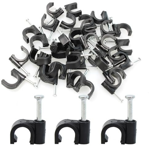 PDETVEO 100 Stück schwarze Halbklemmen J-Haken mit Nagel, 1/4 Zoll Nagel in Kabel-Clips, Ethernet-Kabelnägel für Rohre