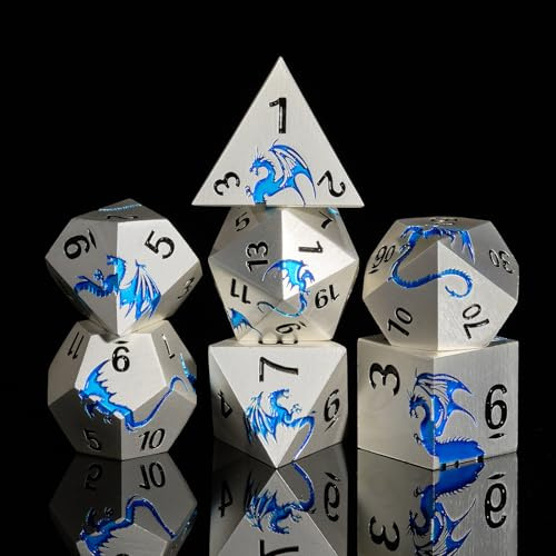 DND Würfel HNCCESG,Würfel Set DND Drachen Metall-Zink-Legierung 7 Stück Set für Dungeons & Dragons, TTRPG Spiele, Polyhedral RPG Würfel Set mit Geschenkbox (Matte Silver Blue)
