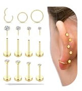 CASSIECA 12stk Tragus Piercing Labret Lippen Piercing Chirurgenstahl Tragus Ohrringe Set Gold mit Zirkonia Stern Flat Piercing Ohr Knorpel Medusa Conch Piercings 16G