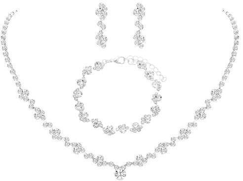 AOWVUTS Conjunto de Joyería Nupcial de Plata para Muje Juego de Collar Pendientes y Colgantes Pulsera Conjunto de Joyas para Novia Boda Fiesta Dama de Honor Nupcial