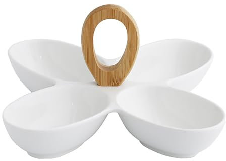 Generisch Assiette à collation avec compartiments, en porcelaine, blanche, avec poignée en bambou, plat de service, assiette de service pour tapas, antipasti, fruits, noix, chips et sauces