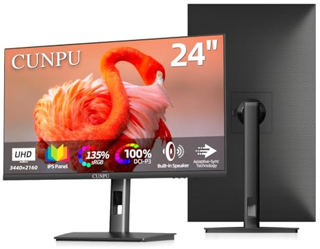 CUNPU 24 Inch 4K UHD IPS Monitor, 185PPI, ΔE < 2, 100% DCI-P3, 1.07B+ Colors, Height Vertical Adjustable Stand, Built-in Dual Speakers, VESA – for Photo Editing, Office Work & Home Entertainment
