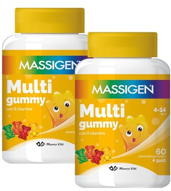 Massigen - Multi Gummy, Multivitaminico per Bambini 4-14 Anni, Due Confezioni da 60 Caramelle, Vitamine Gommose con Vitamina A, C, E, D, B6, B12 e Acido Folico, Quattro Gusti, Senza Glutine e Lattosio