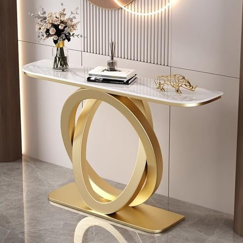 HARELA Moderner Konsolentisch mit Metallfuß, Eingangsbereich Deko Tisch, Oberfläche aus Marmoriertes Muster, Infacher Sofa Tisch, für Eingang, Flur, Vorzimmer, Wohnzimmer(Gold A,100cm/39.4in)