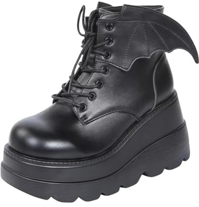 Maimeili Women's Gothic Platform Combat Boots with Bat Wings Lace-up with Buckle Straps Ankle Boots Chunky Platform Sole Fashion Studded Motorcycle Boots