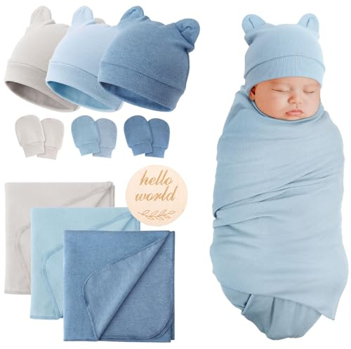 DRESHOW Couverture pour Bébé Nouveau-né Couverture d'emmaillotage Douce pour l'emmaillotage du Nourrisson Couverture Chaude pour l'emmaillotage du Bébé avec Bandeau d'oreille d'ours et gants