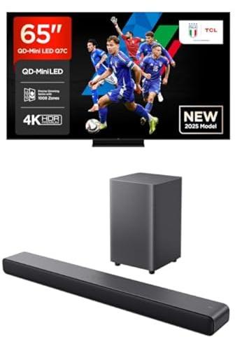 TCL Bundle of 65Q7C 65” QLED TV 4K QD-Mini LED, HDR Premium 2000, Google TV Sound Bar S55H Nero 40W