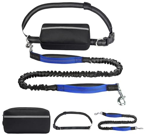 WIYETY Joggingkoppel för hundar med magbälte, midjebälte hundkoppel med reflekterande sömmar, 2 i 1 joggingkoppel med dubbla handtag, för stora och medelstora hundar, 120–183 cm, blå